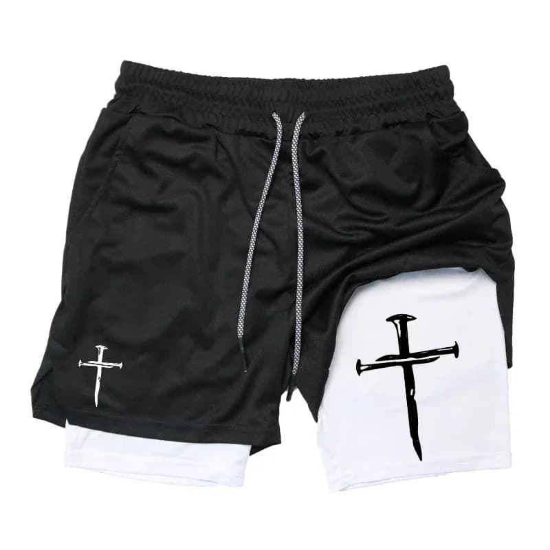 Pantaloncini da corsa 2 in 1 da uomo con grafica a croce, per allenamento e palestra, abbigliamento sportivo performante con tasca per telefono e passante per asciugamano