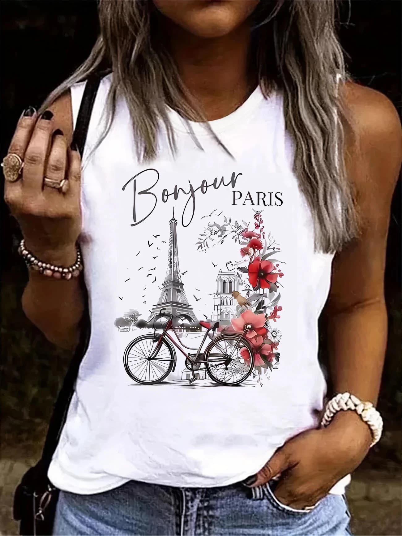 T-shirt con stampa Bonjour ParisText alla moda Canotta stampata con stampa grafica Canotta girocollo senza maniche da donna Top casual