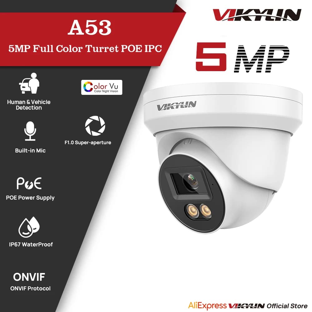 VIKYLIN 5MP IP Security Camera with Full Color Audio Poe Human & Vehicle Detection ONVIF Compatible SD Storage IP67 Outdoor