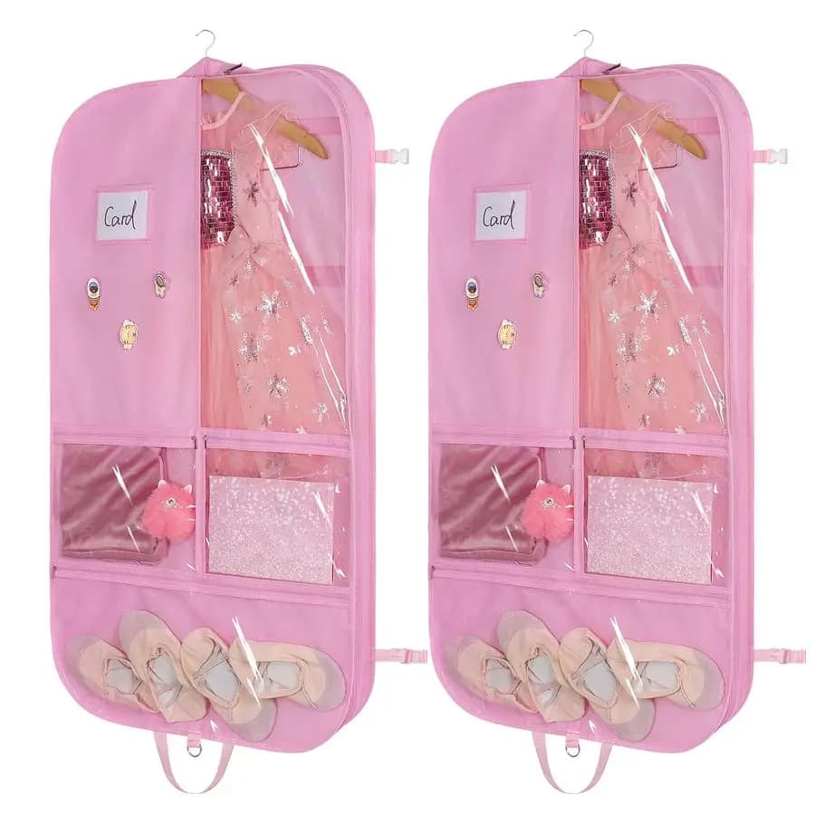 Confezione da 2 borse porta costumi da ballo, borsa porta costumi da ballo da 40 pollici per riporre appenduta, borse porta abiti per bambini con 3 tasche medie trasparenti con cerniera