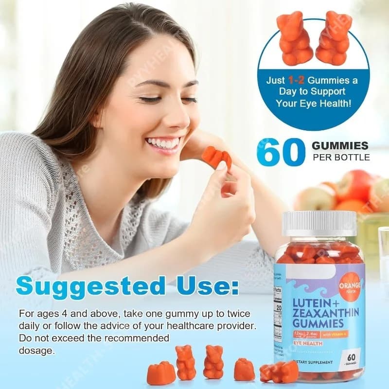Integratori Vegani di Luteina e Zeaxantina, Luteina per Occhi con Vitamina A, Caramelle Gommose alla Luteina per Sollievo Occhi Secchi e Visione Chiara, Gusto Arancia