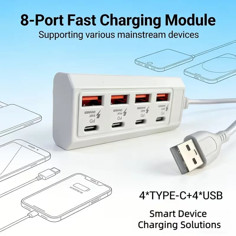 Hub USB 8-in-1 con Ricarica Rapida, Multipresa USB a 4 USB + 4 Type-C 25W, Ricarica Veloce Multi-porta