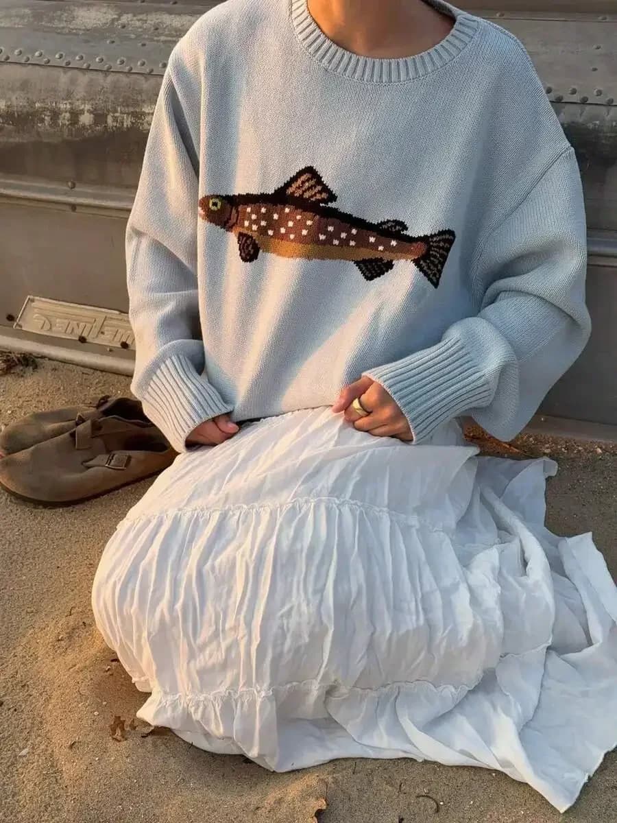 Maglione da donna con grafica a forma di pesce, maglione lavorato a maglia, maniche lunghe, girocollo, vintage, streetwear, autunno inverno