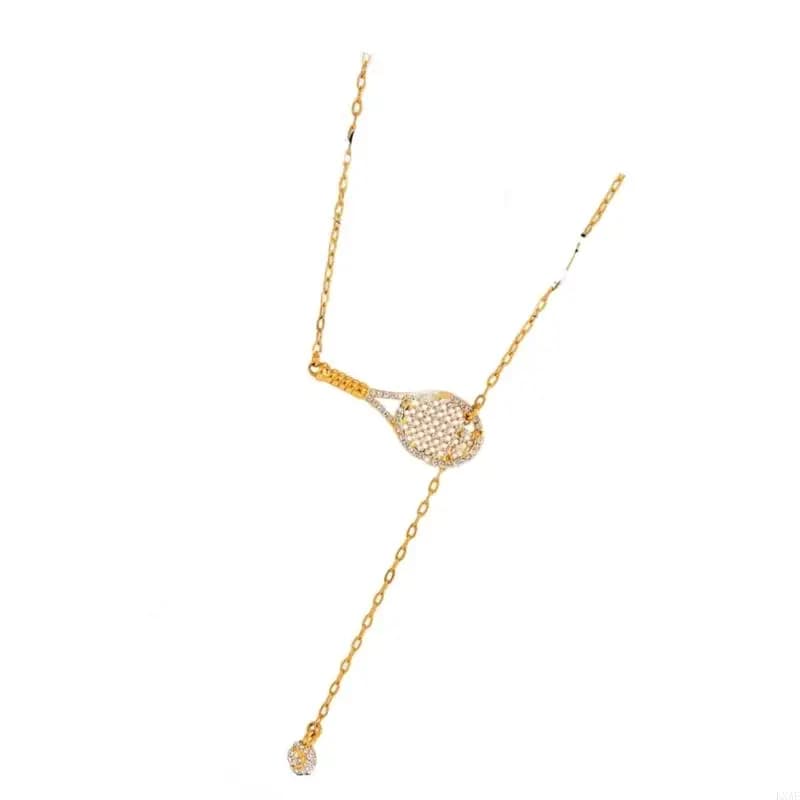 Stainless Steel Tennis Racket Necklace for Sports Jewelry Wearers with Gold Tone Finish and Lobster Clasp Closure