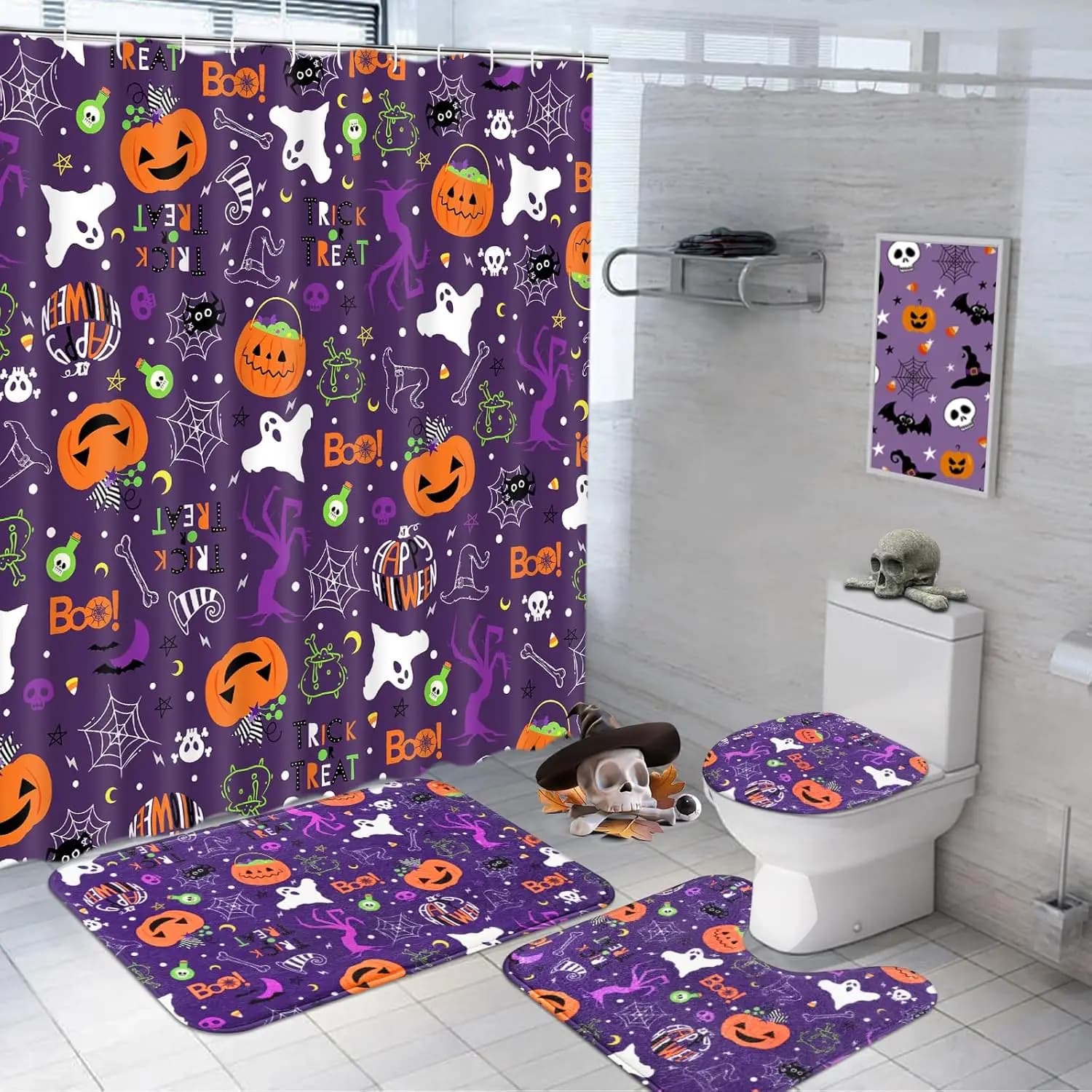 Halloween Pumpkin Shower Curtain Set Spooky Ghost Bathroom Sets with Shower Curtain and Rugs Spider Web Shower Curtain