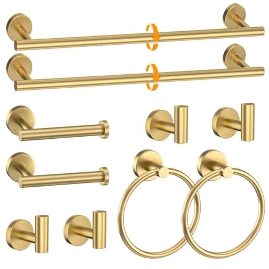 Set di Accessori da Bagno in Acciaio Inox Spazzolato Oro, 10 Pezzi, con Portasciugamani da 60 cm, Anello Portasciugamani, Porta Carta Igienica
