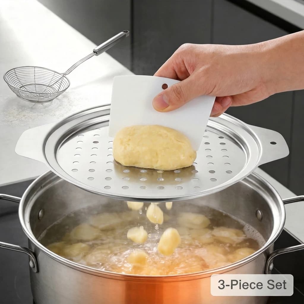 Coperchio per creatore Spaetzle in acciaio inossidabile con raschietto e colino per ragno, cucchiaio per skimmer, strumento da cucina tradizionale per noodle all'uovo tedesco