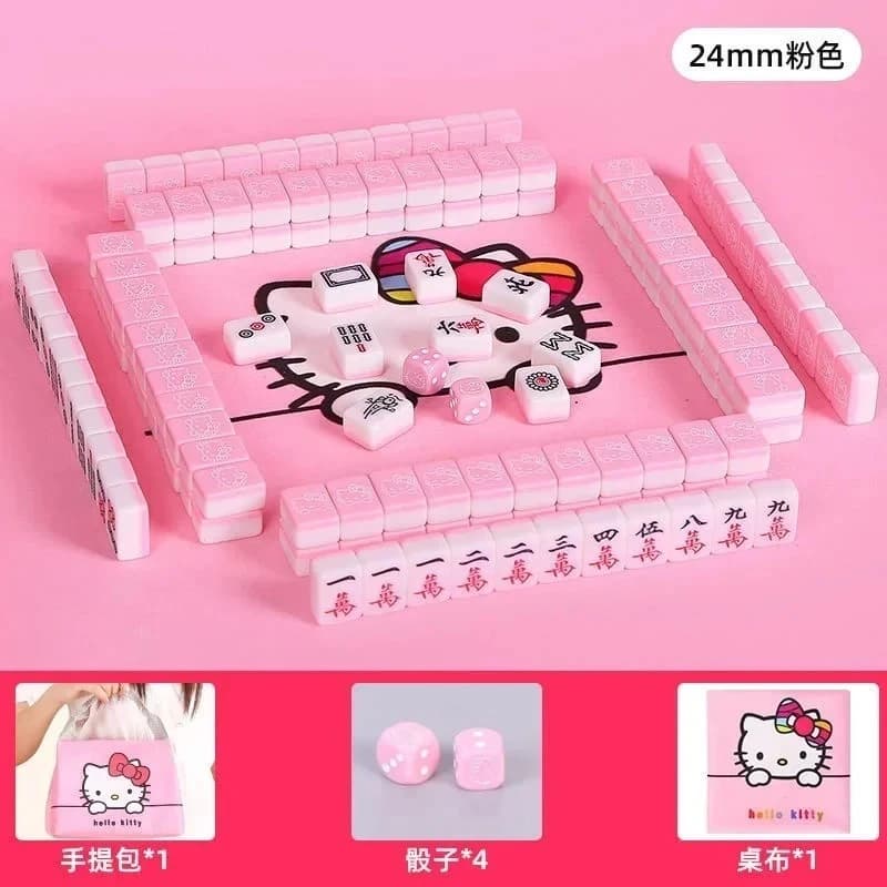 Mahjong Numerato Sanrio 144 Pezzi Mini 24mm Hello Kitty Set Completo con Borsa e Dadi, Tessere Rosa e Rosse per Divertimento, Riunioni e Campeggio