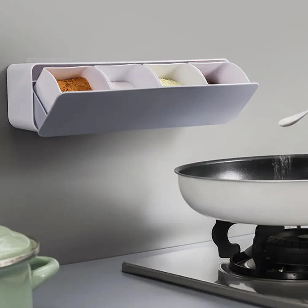 4-Piece Wall Mount Seasoning Box Set ABS PP Material Airtight Condiment Container for Kitchen Grey Blue Color No Drilling Needed