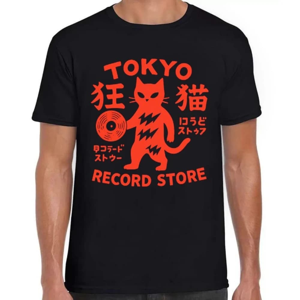 Tokyo Record Store Cat Vinyl Record Player Rock Dj Band Japanese Drawing Art Printed T-shirt Woman Man Harajuku Cotton Shirts