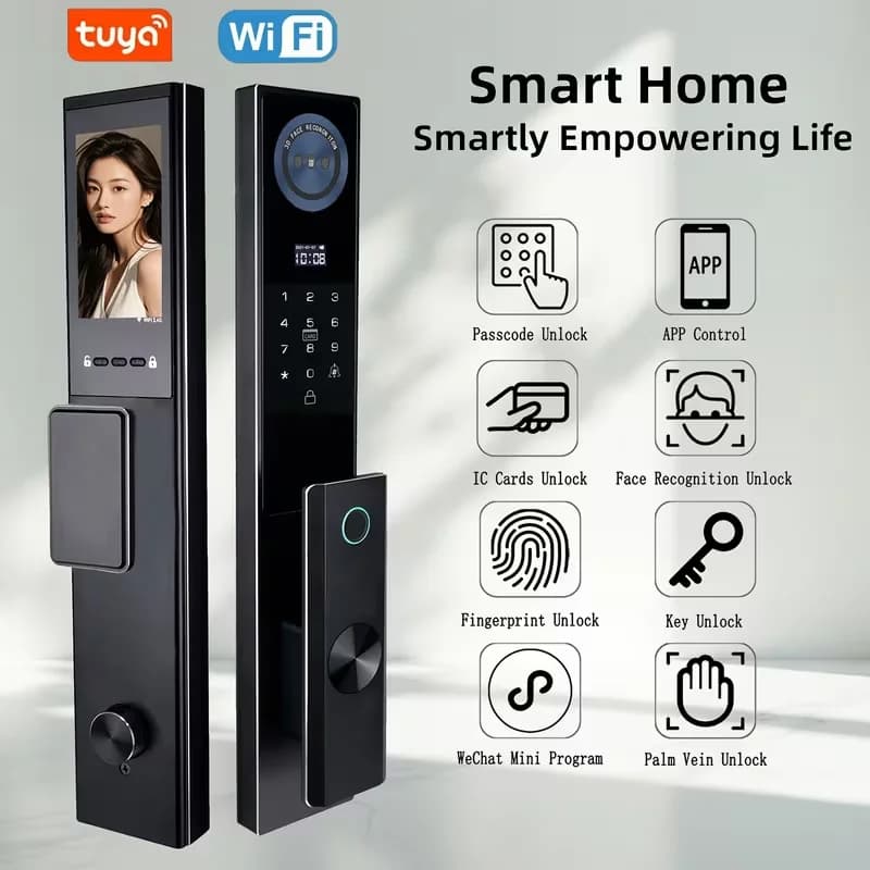3D Facial Recognition Fully Automatic Fingerprint Lock for Home Use, Electronic Door Lock with Password, Smart Lock, Supports Switching Between More Than 20 Languages; Multiple Unlocking Methods