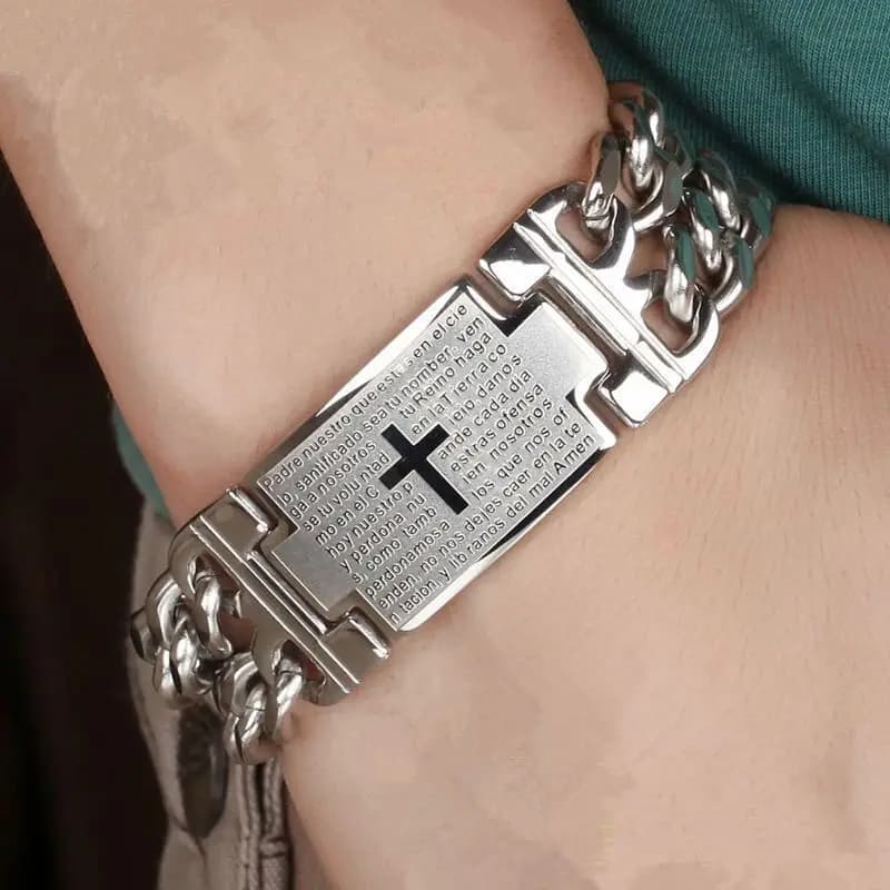 Bracciale a catena cubana in acciaio inossidabile 316L da 24 mm di larghezza con croce, per uomo, gioielli, bracciale a catena da polso, braccialetti avvolgenti, accessorio punk.