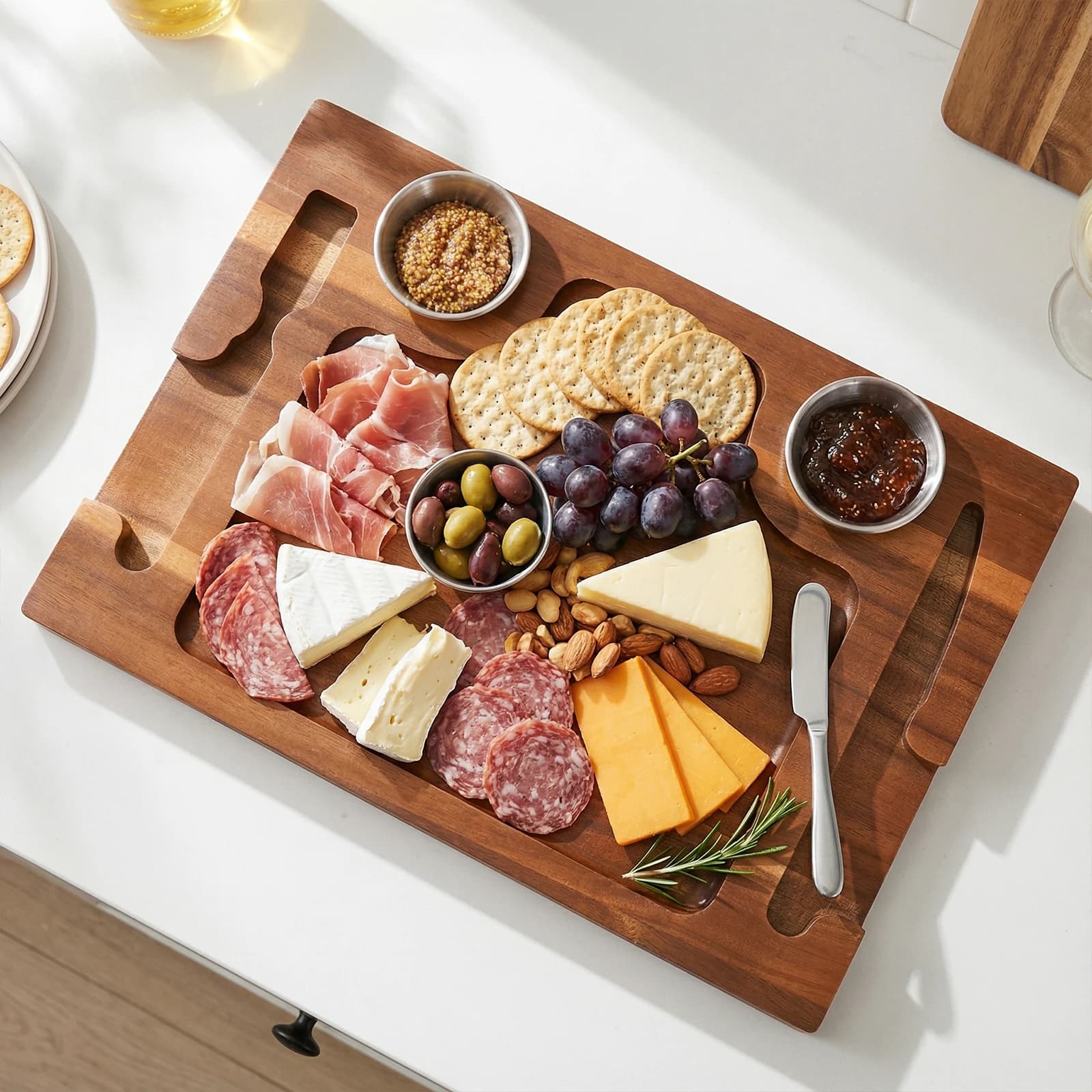 Acacia wood plate with grooves, steak dish, cutter with 2 cups for sauces, ideal for home and Christmas opening