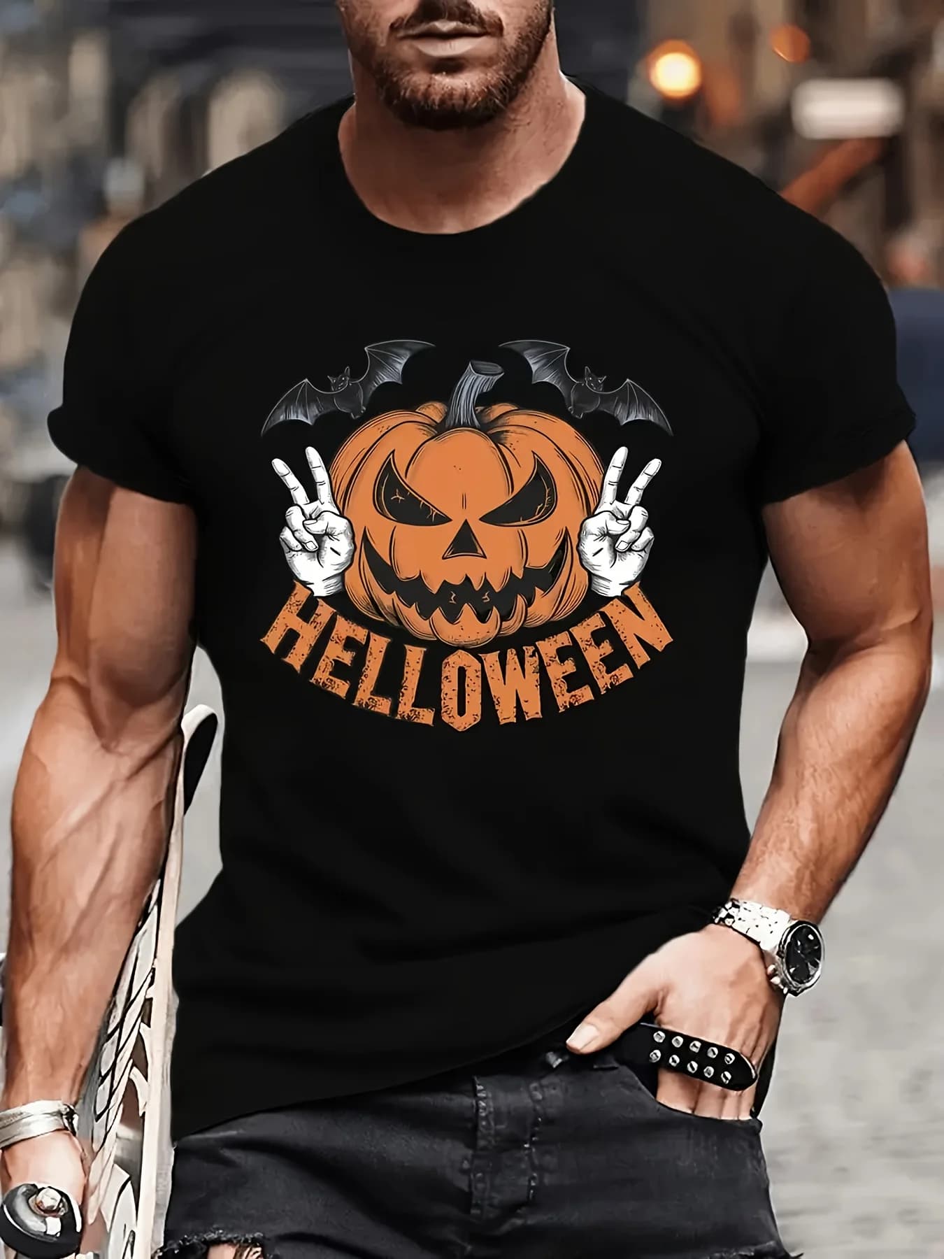 T-shirt casual da uomo a maniche corte con stampa zucca di Halloween - Poliestere traspirante, lavabile in lavatrice, scollo rotondo perfetto