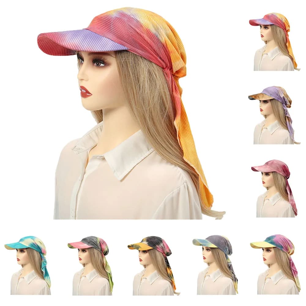 Visiera parasole a tesa larga da donna estiva con berretti a turbante Pre-legati sciarpa a testa Bandana antivento stampa cappello da sole colorato da spiaggia all'aperto