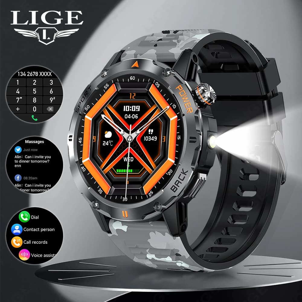 LIGE Smartwatch da uomo di livello militare, 400mAh, torcia a LED, sport all'aria aperta, orologio da polso, smartwatch per Android IOS