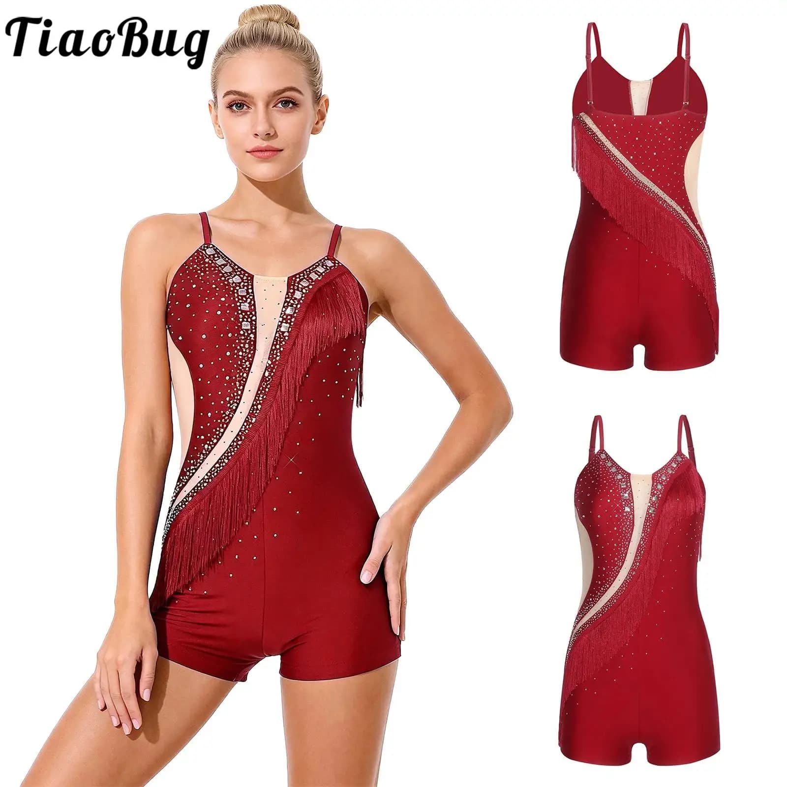 Tuta latina da donna con frange Pattinaggio di figura Jazz Dancewear moderno Strass Nappa Ragazzo-pantaloncini Gambe Body per Tango Cha-cha