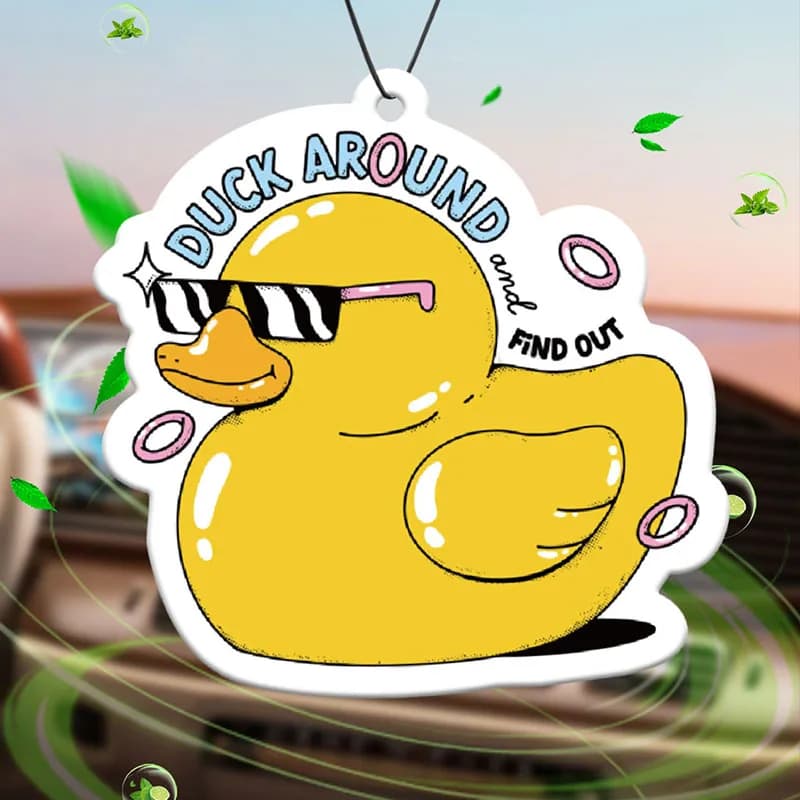 Duck Around and Find Out Car Deodorant Rubber Duck Hilton (hotel smoke). | Rearview mirror pendant and clip for double purpose air vent | Aromatherapy tablets in natural material | Long lasting fragrance for 90 days | Non-alcoholic | Not afraid of sun | Specially designed to deodorate cars, closets and bathrooms. | Animation of cartoons