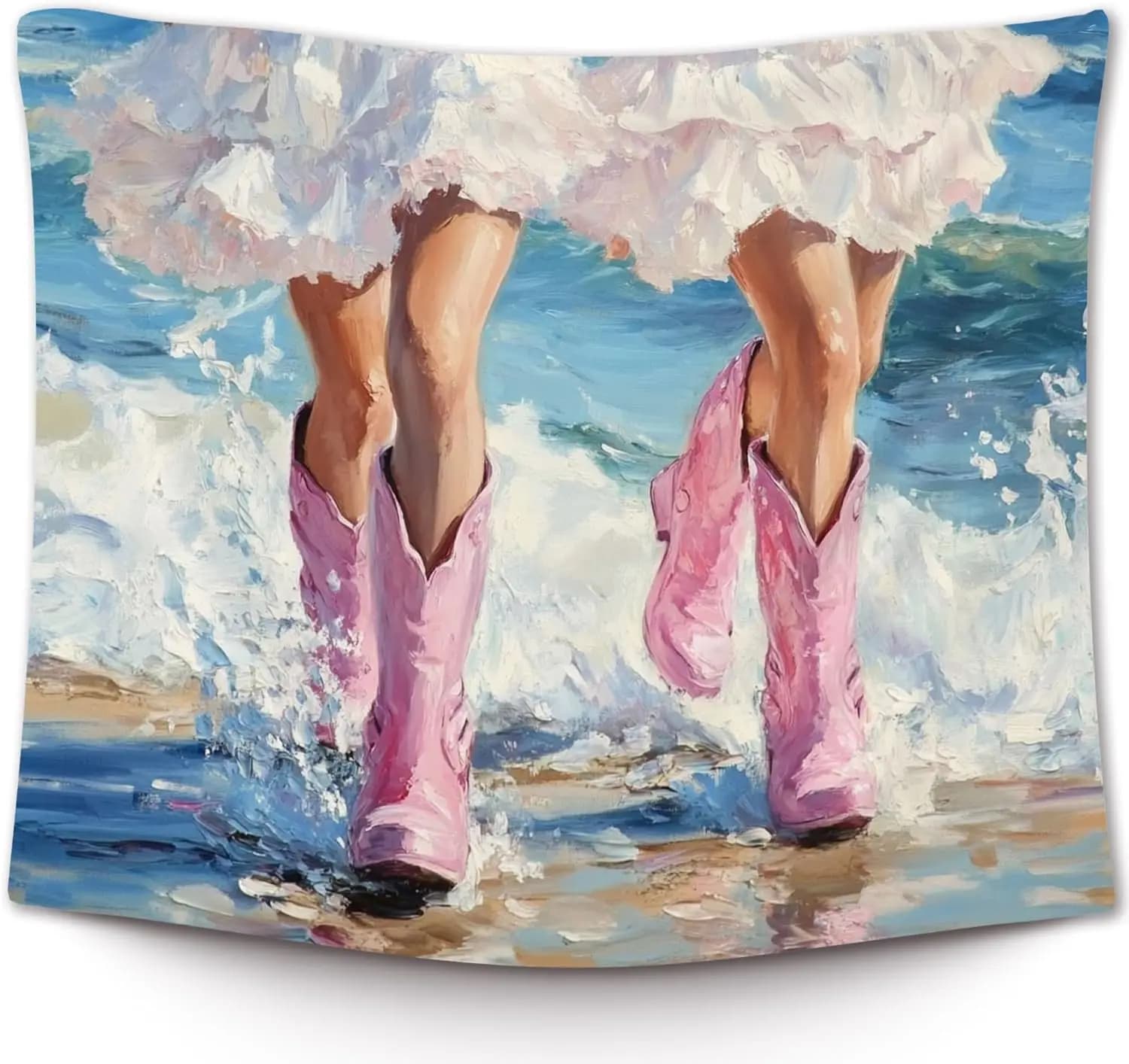 Pink Cowboy Boots Tapestry - Beach Waves Wall Art, Girly Room Decor, Living Room Bedroom, Multiple Sizes