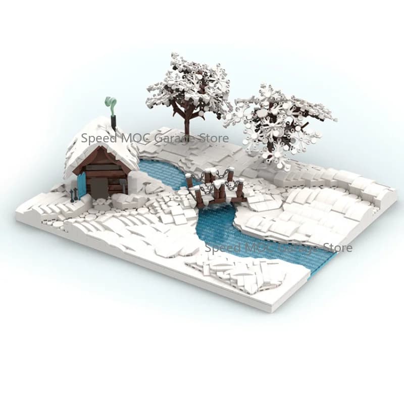 Snow Winter Cottage Scenery MOC Brick Set Frozen River Wooden Bridge Snow Tree Landscape DIY Building Ornament Model