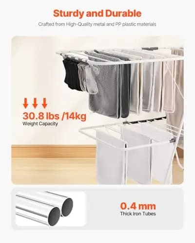 Sturdy 2-Tier Foldable Laundry Drying Rack With 31 Rods, Sock Clips, Height Adjustable Metal Frame, Indoor Outdoor Use, White