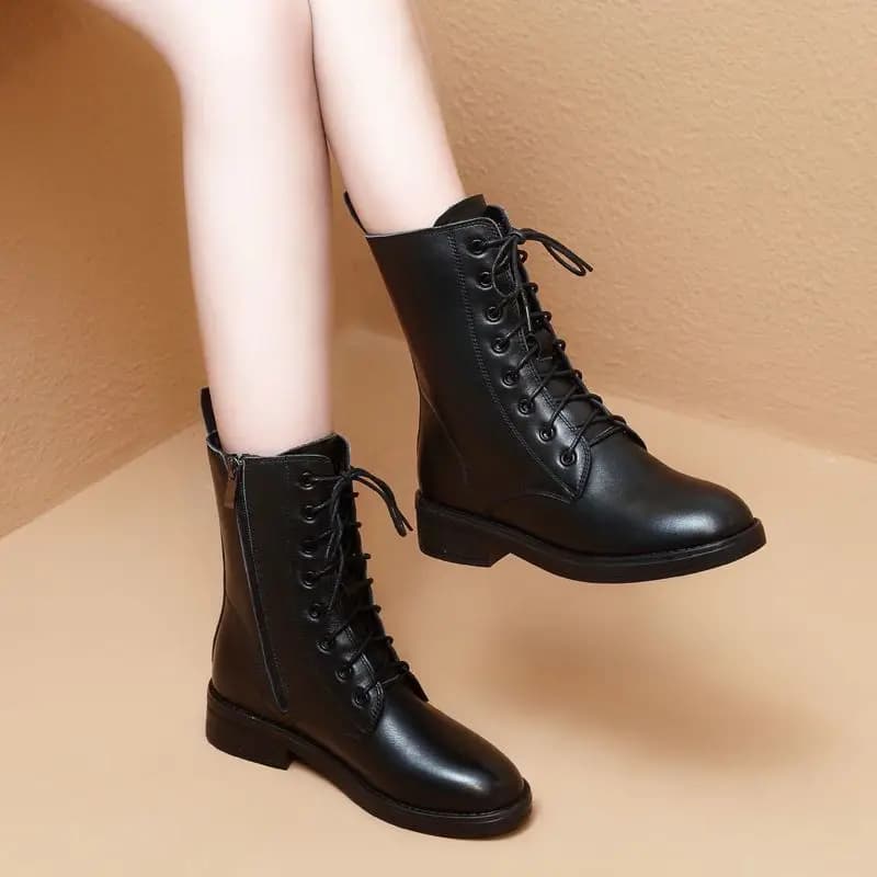 Black Elegant Middle Heel Lace-up Women's Half High Boots Autumn Winter Chic Comfortable Round Toe Warm Ladies Mid Calf Shoes