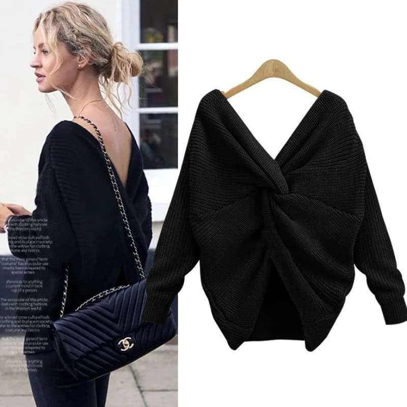 Donna Autunno Inverno Maglione con scollo a V Pullover reversibili senza schienale sexy Top Maglieria con annodatura incrociata irregolare solida di nuova moda