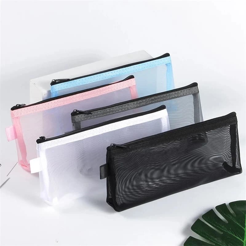 Astuccio per matite con cerniera in rete trasparente, portaoggetti per articoli di cancelleria, borsa per cosmetici in rete, borsa per cancelleria trasparente, viaggio con cerniera