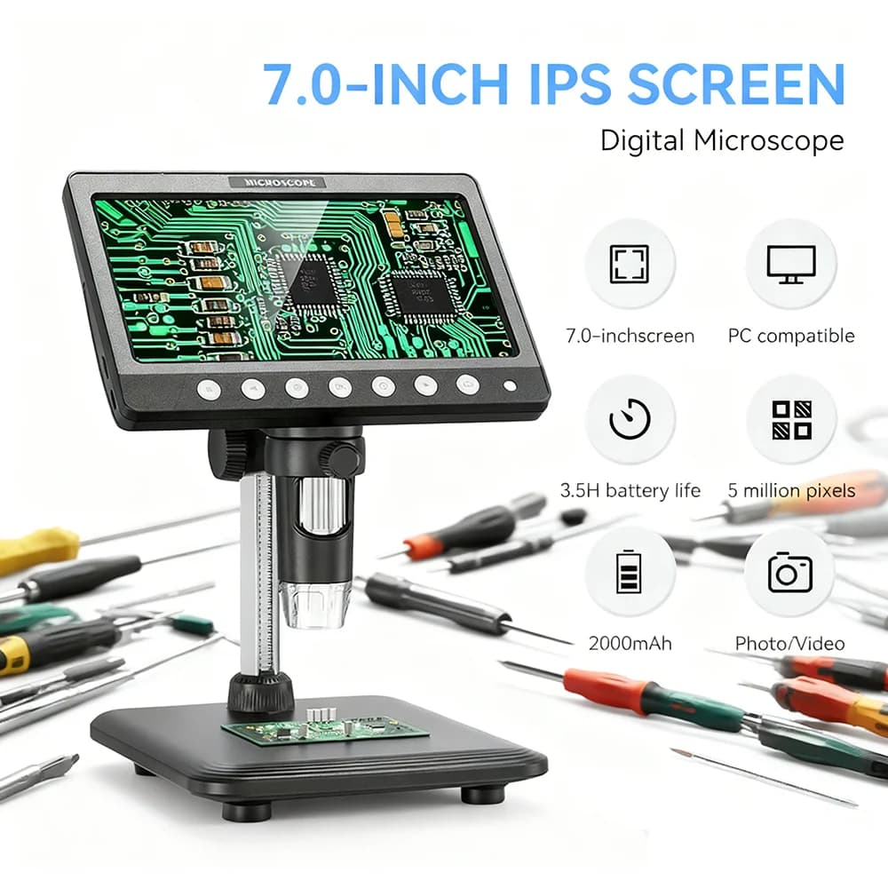 Microscopio digitale LCD 1200X 7" Lente d'ingrandimento per microscopio moneta da 5 MP per microscopio per saldatura di riparazione di circuiti PCB con 8 luci
