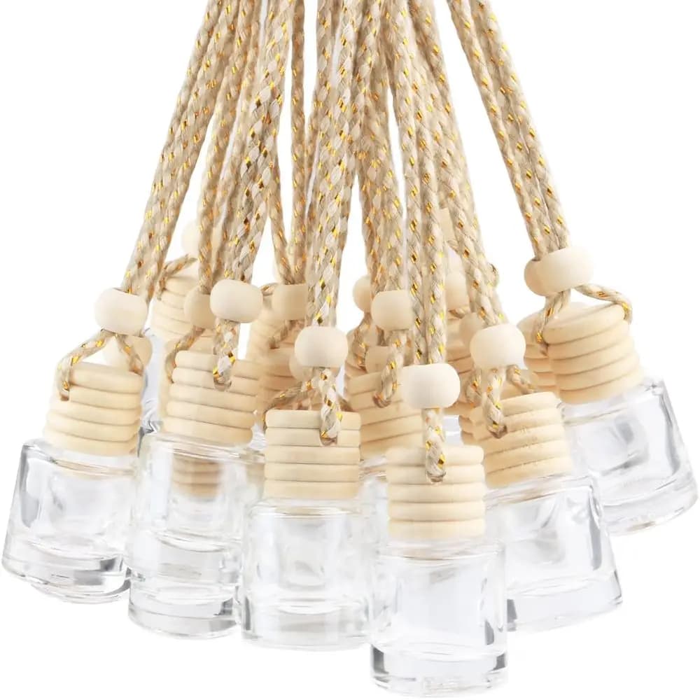 Confezione da 20 diffusori per auto da 8 ml, flaconi vuoti in vetro trasparente per aromaterapia con tappi in legno e cordino per appendere
