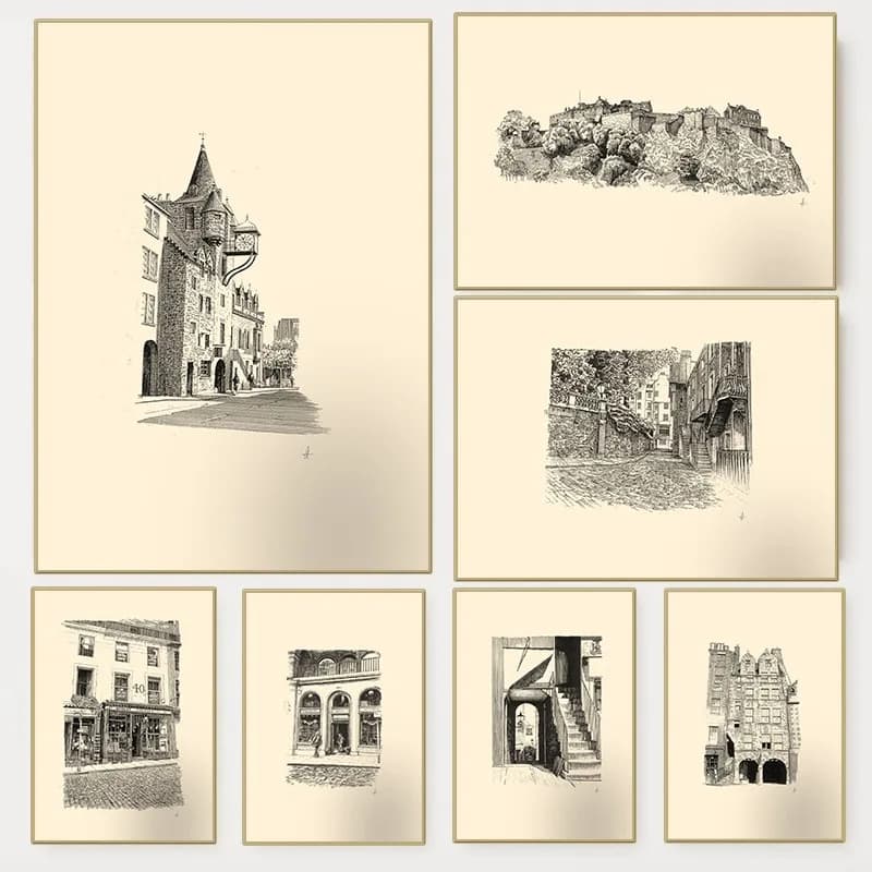 Vintage Edinburgh Castle Pen Ink Drawing Sketch Poster Scottish Architecture Canvas Painting Wall Art for Living Room Home De
