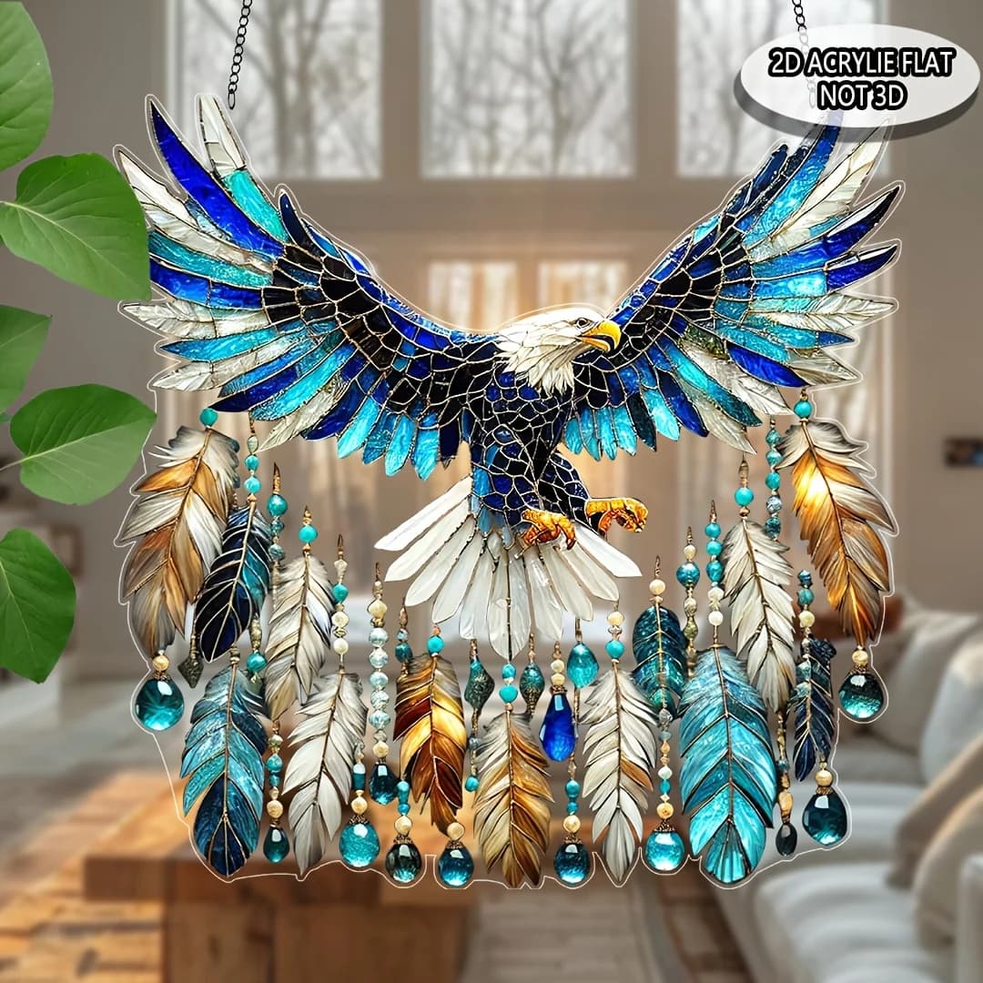 8in 2D Bald Eagle Dream Catcher Color Acrylic Window Decor Sunny Day Home Office Garden Yard Artistic Handmade Wall Hanging