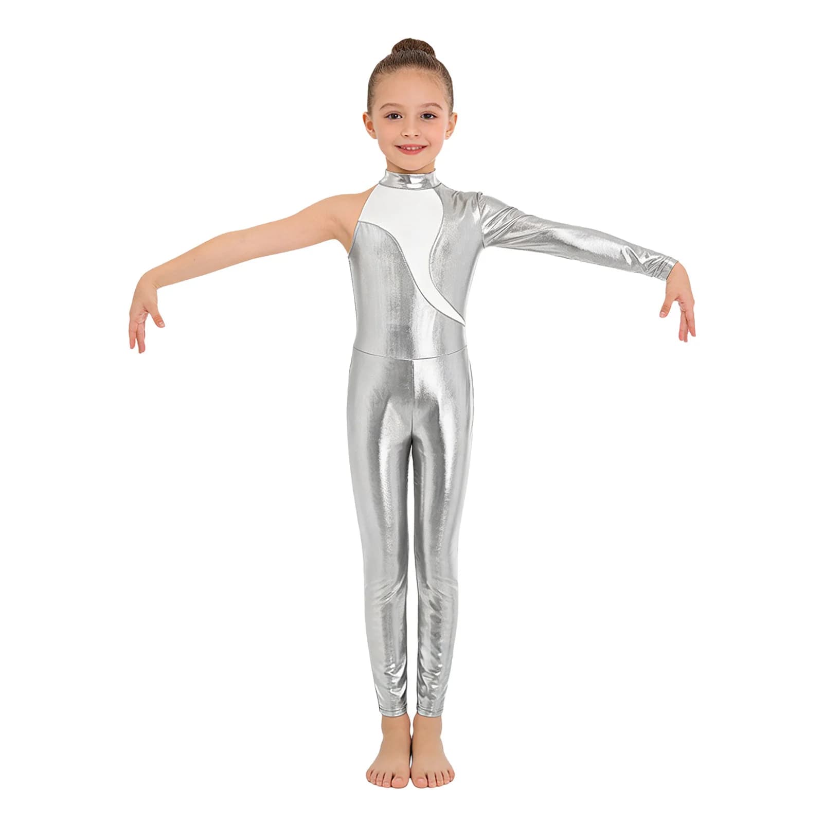 Body da Danza Classica e Ginnastica per Bambine, Monospalla Metallizzato Lucido con Rete, Tuta per Pattinaggio Artistico e Acrobazie