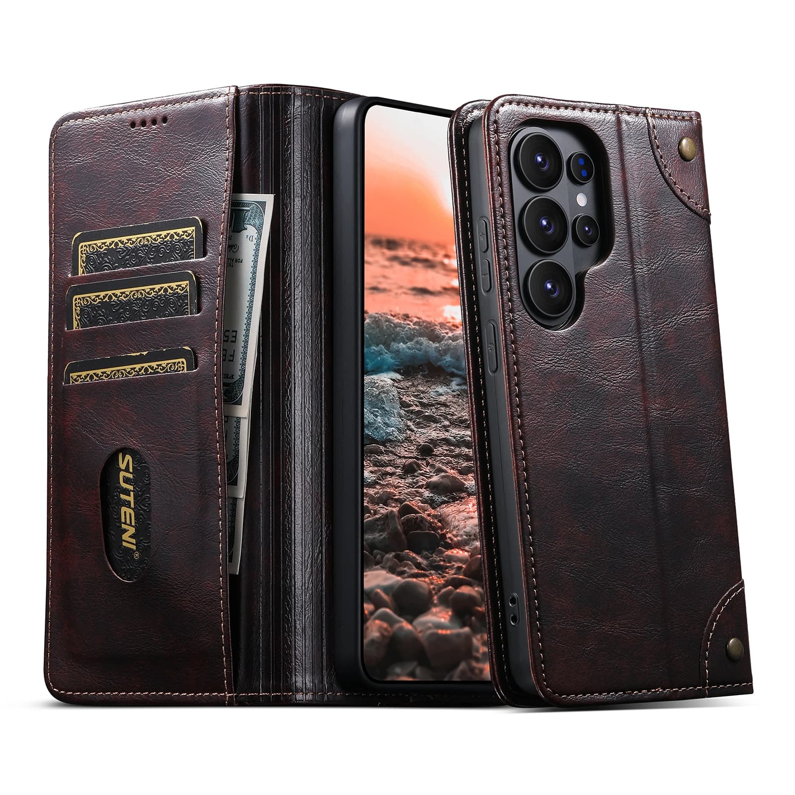 SUTENI Custodia per telefono in ecopelle con porta carte, supporto e chiusura magnetica per Galaxy S26 Ultra S25 Plus S24 S23+