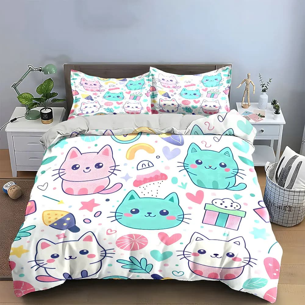 Set di biancheria da letto morbida e delicata sulla pelle con simpatici gatti dei cartoni animati, include 1 copripiumino e 2 federe, idea regalo