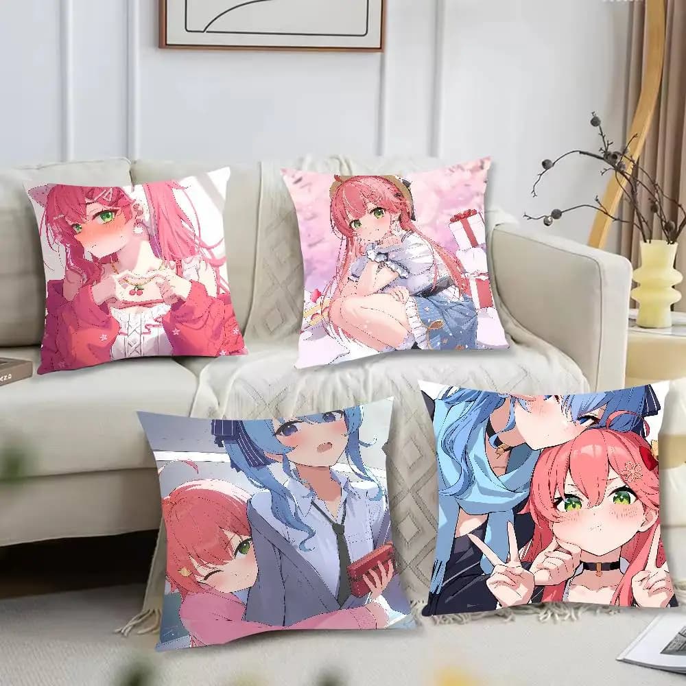 Decorative cushion cover with print of a pretty and sexy girl, Kawai Sakura Miko style, for sofa, camping and home decorations.