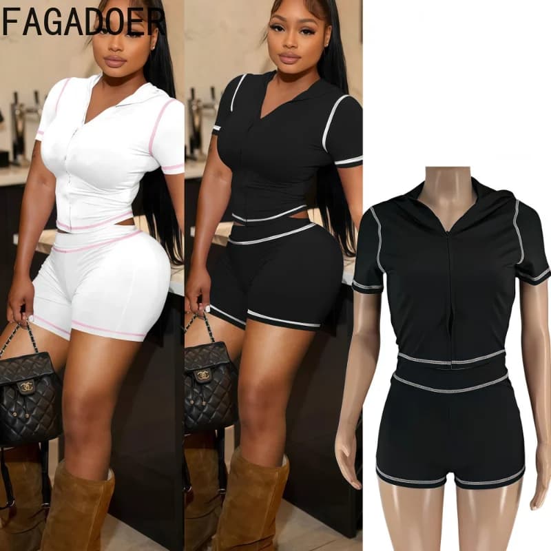 FAGADOER Set da 2 pezzi sportivo casual Completo da donna per donna Giacca con cappuccio con zip solida Top e pantaloncini Abito coordinato Streetwear Nuovo