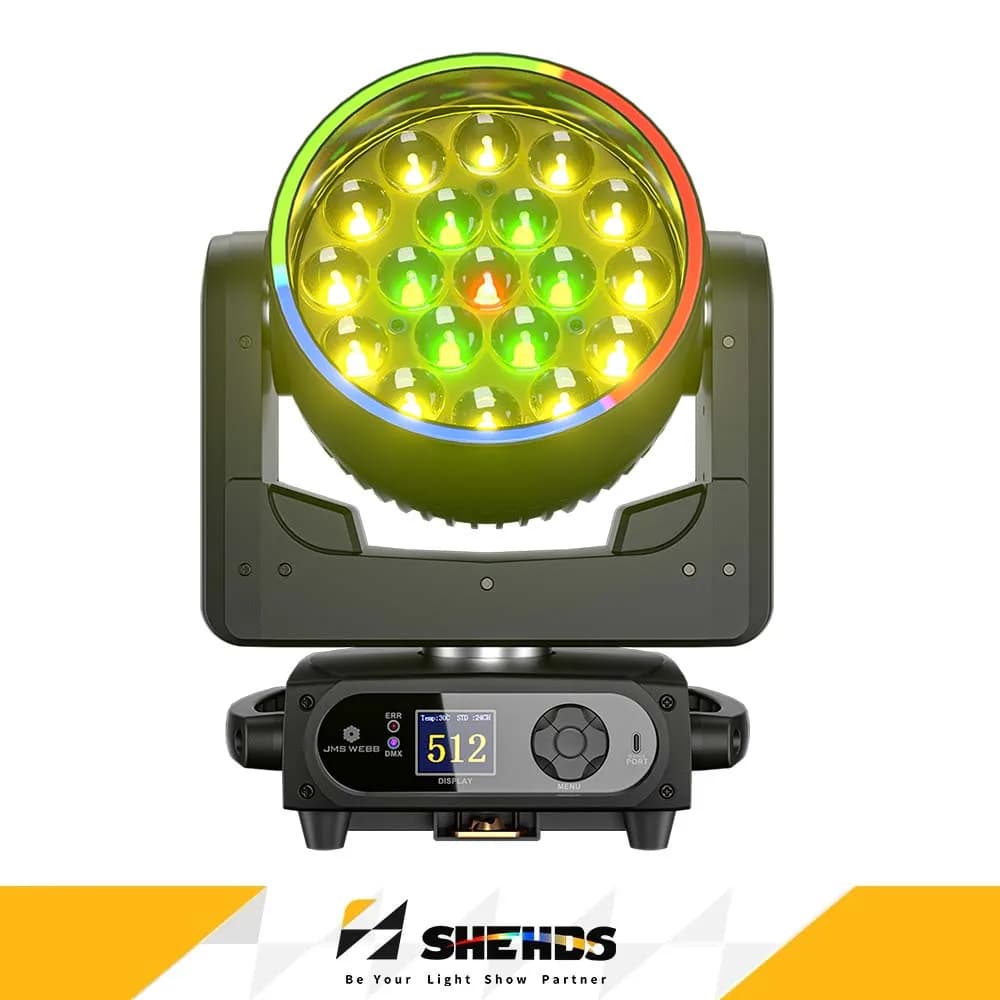 SHEHDS Nuova Testa Mobile 19x15W RGBW con Effetto Luce Scenica Ring Beam Wash Zoom Professionale per DJ, Discoteche, Matrimoni, Feste, Basso Rumore