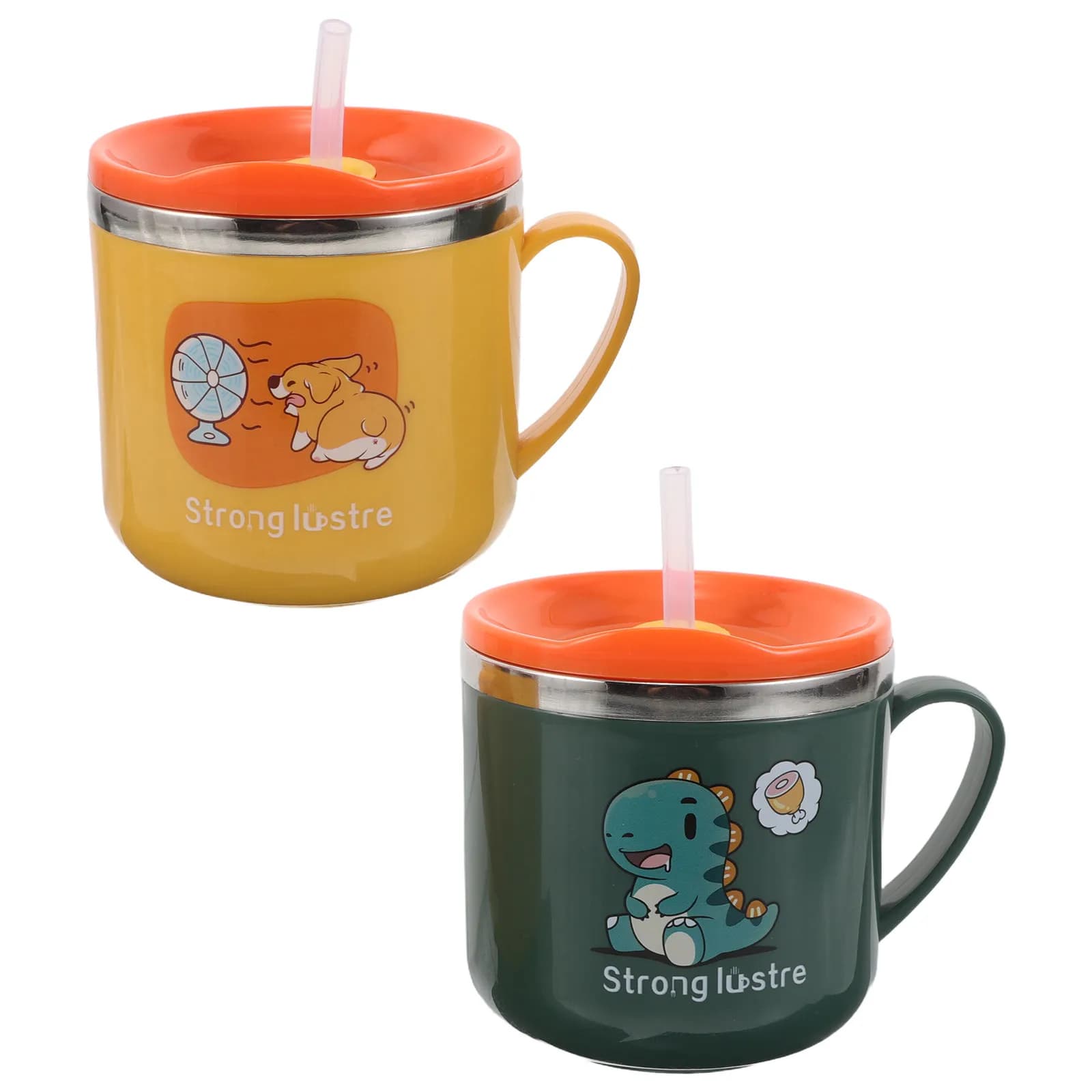 2Pcs Children's Straw Water Cup Stainless Steel Insulated Double Layer Cartoon Toddler Milk Bottle Leakproof for School Outdoor