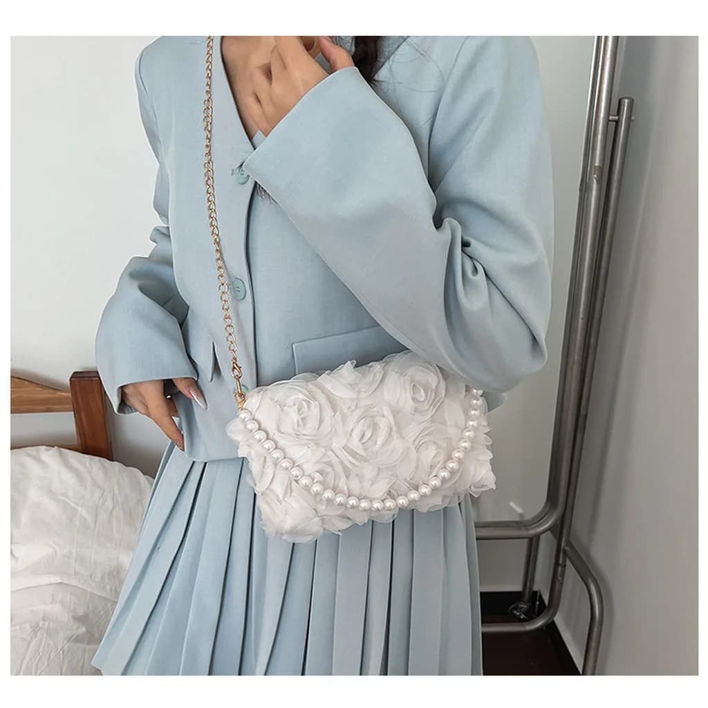 Women's 3D Floral Lace Mesh Handbag Pearl Handle Adjustable Chain Shoulder Crossbody Bag for Daily Evening Use