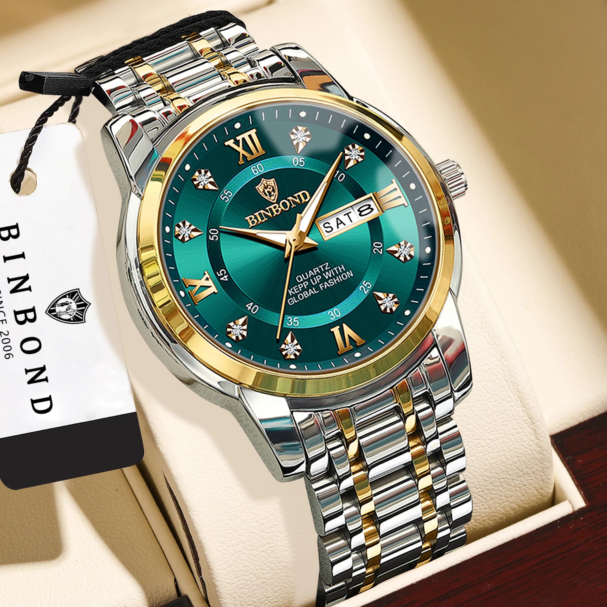 BINBOND Orginal Brand Luxury Quartz Wristwatches Luminous Waterproof Week Display Auto Date men's Watch Casual Reloj Free Ship
