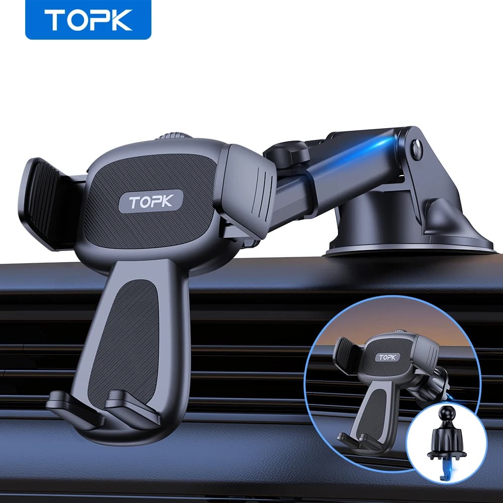 TOPK Supporto universale per telefono da auto, supporto a ventosa per cruscotto e presa d'aria, supporto per telefono cellulare a mani libere per tutti i telefoni