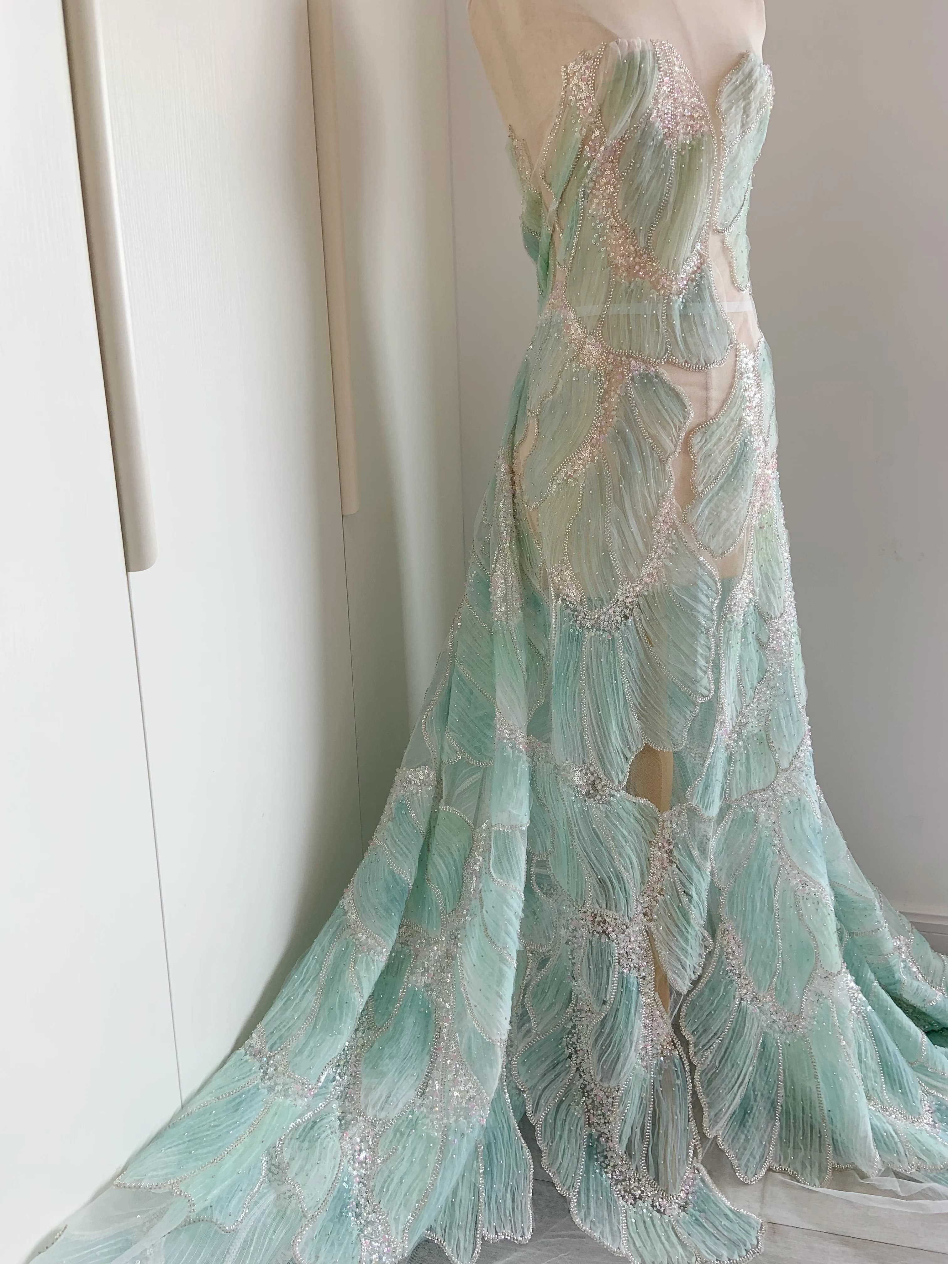 1 Yard Mint Green 3D Beadwork Wave Colors Sequined Tulle Lace Fabric Sparkle Mesh for Wedding Dress,Ball Gown