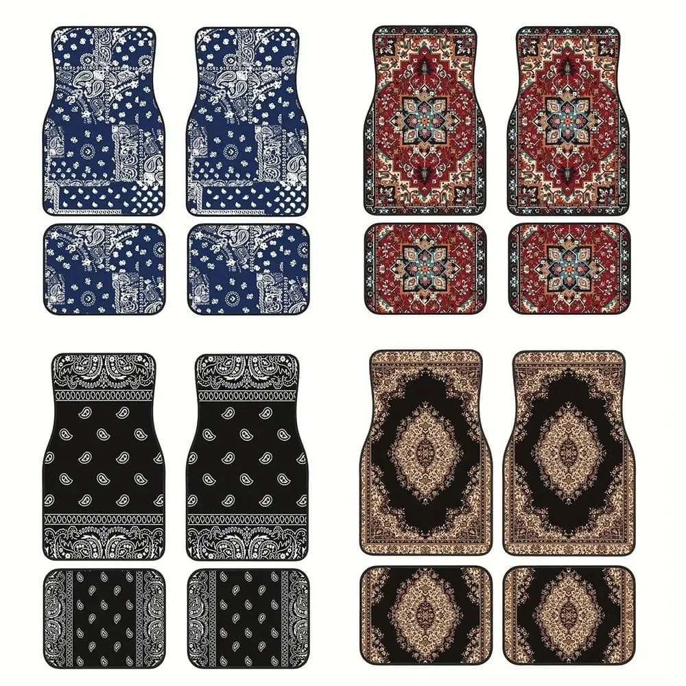 4Pcs Durable Bohemian Car Floor Mats Heavy Duty Dirty Resistant Persian Carpet Anti-slip Car Decoration Car Floor Protector Rugs
