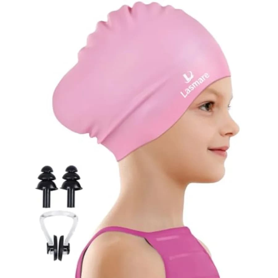 Long Hair Swim Cap for Girls Boys, 2 Size Silicone Swimming Cap for Age 3-15 Toddler Teens, Waterproof Swim Hats Bathing Caps w
