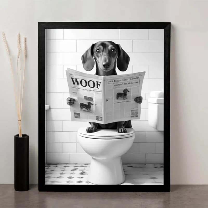 Sausage dog reading "WOOF" newspaper on the toilet, fun dog enthusiast gift,perfect choice for bathroom decoration,creative gift