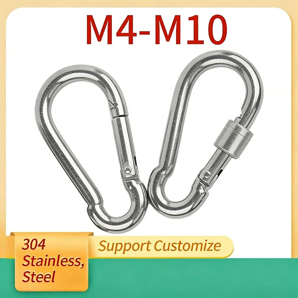 Moschettone a molla in acciaio inossidabile 304 M4-M10 con anello di bloccaggio rapido, gancio a scatto, catena di fissaggio, supporto personalizzabile