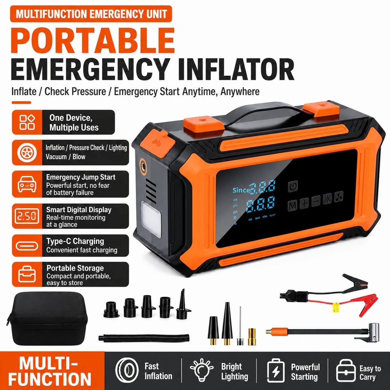 Avviatore d'Emergenza per Auto 12V Multifunzione, Compressore d'Aria Portatile Wireless, Power Bank per Emergenze Auto