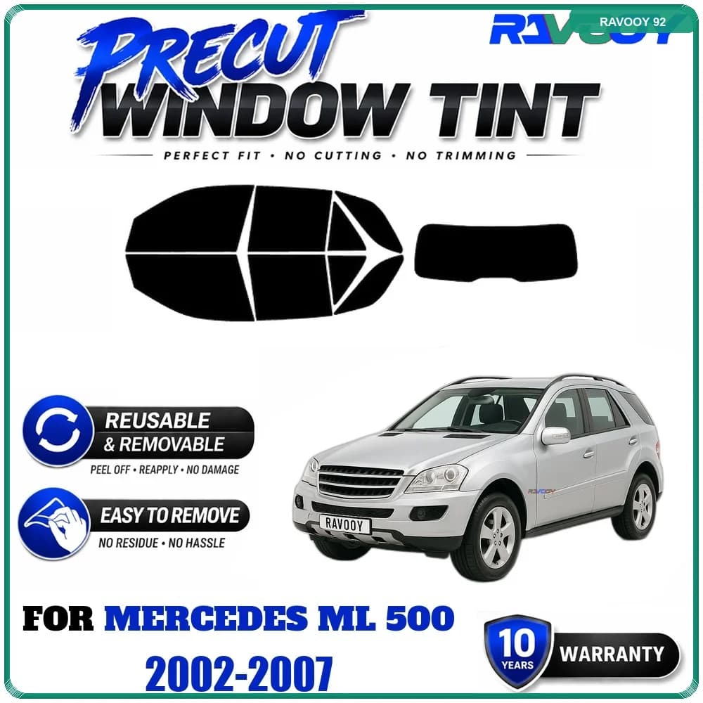 RAVOOY Precut Window Tint, Reusable Removable EPU Film, Custom Fit for Mercedes ML 500 2002-2007, UV Heat Protection