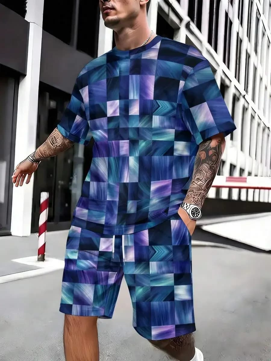 Completo da uomo in due pezzi con stampa geometrica blu viola: maglietta a maniche corte e pantaloncini per abbigliamento casual estivo